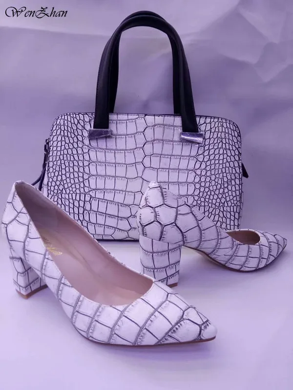 

WENZHAN Med Heels Women Sexy Pumps With Handbag Sets Latest Soft Pointed Toe Footwear With Bag Sets good quality 86-11