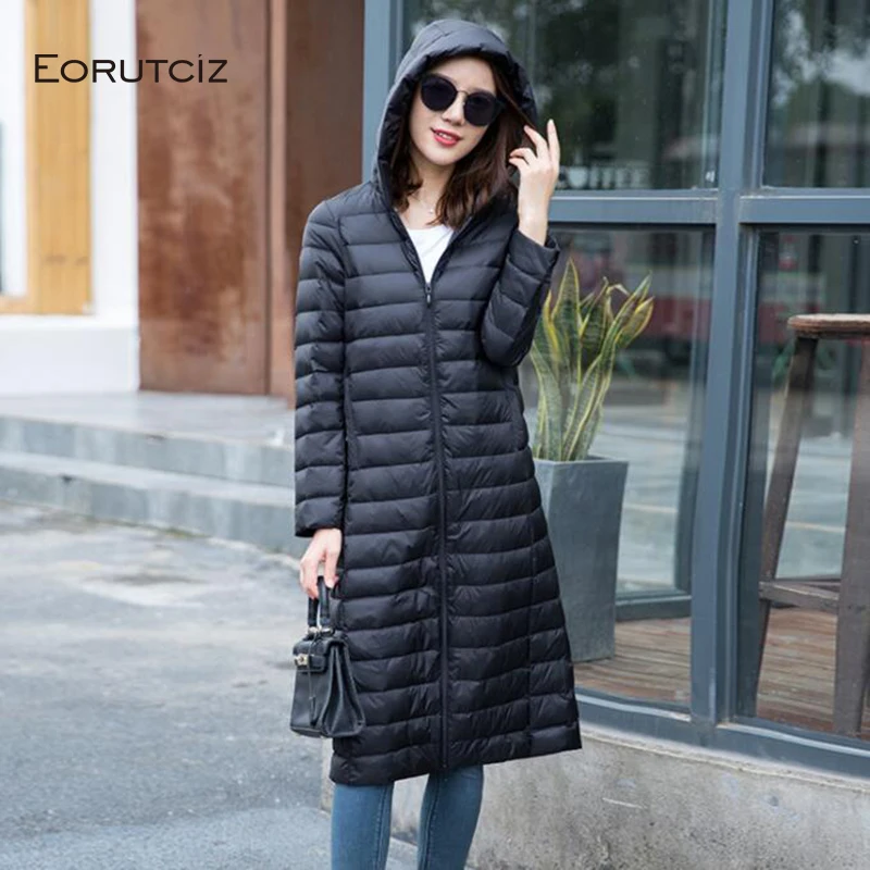 

EORUTCIZ Winter Plus Size 3XL Down Coat Women Long Ultra Light Hoodie Jacket Spring Vintage Slim Casual Coat LM359
