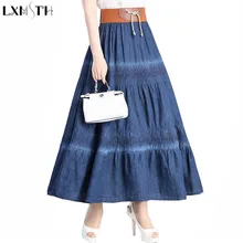 Lxmth винтажная длинная юбка женская Национальный Стиль Высокая талия тонкая длинная Плиссированная джинсовая юбка новое поступление трапециевидные повседневные макси юбки