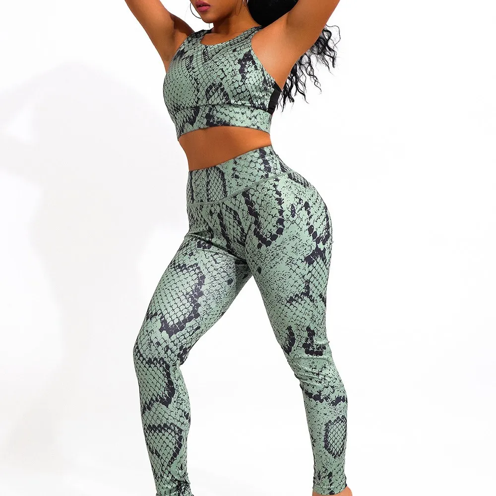 

Sexy Snake Print Push Up High Waist Leggings Suit Short Women Casual Slim Fitness Workout Elasticity Sets