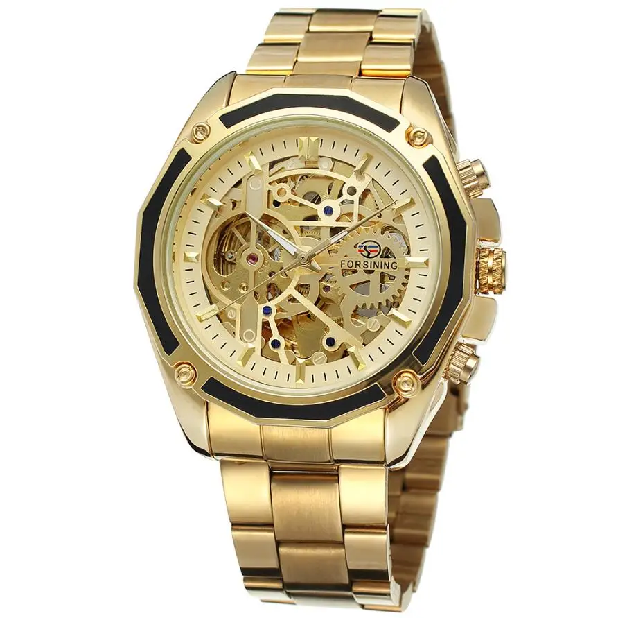 Золотые Роскошные брендовые механические часы, мужские автоматические заводные наручные часы из нержавеющей стали со скелетом, модные мужские часы в стиле стимпанк - Цвет: gold