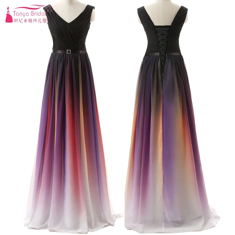 

V Neck Gradient Long Prom Dress vestidos de fiesta largos elegantes de gala Formal vestido de festa longo Prom Gown DQG501