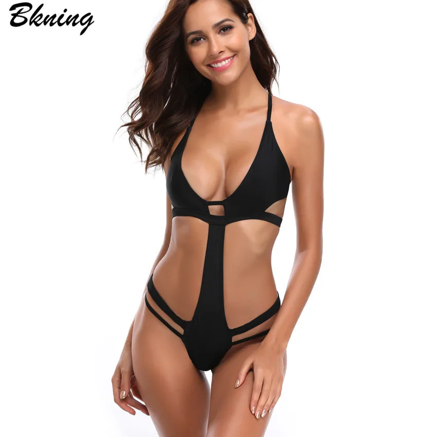 

Bkning Thong Sexy Black Low Waist One Piece Swimsuit Female Solid Swimwear Women Adjust Bandeau Monokini 2018 Beach Bather Suits
