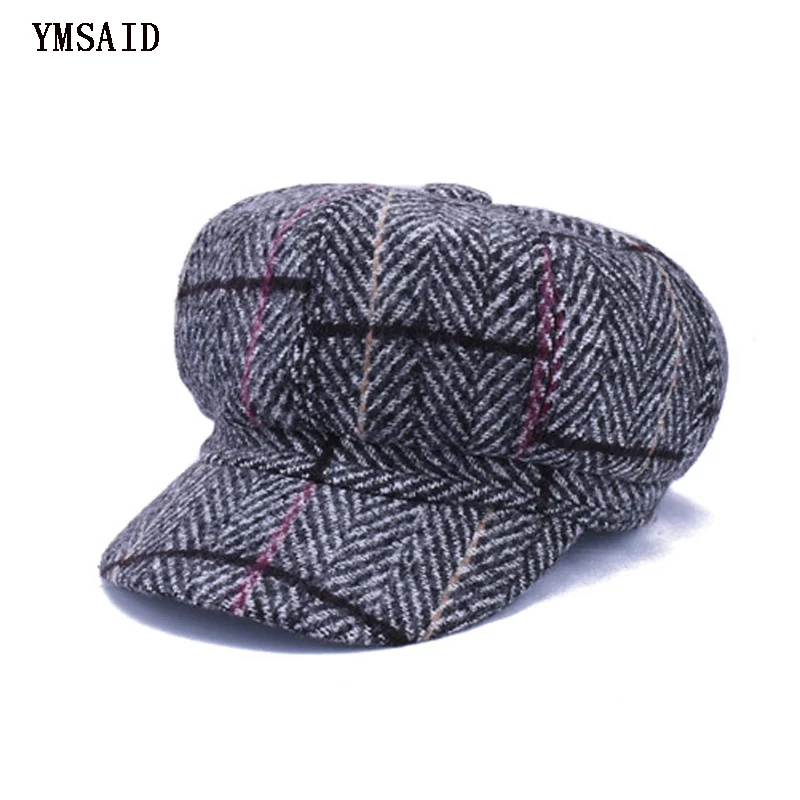 Ymsaid, женские клетчатые модные береты, художника, восьмиугольная шапка, осенне-зимний теплый берет, шапка, винтажный шерстяной берет