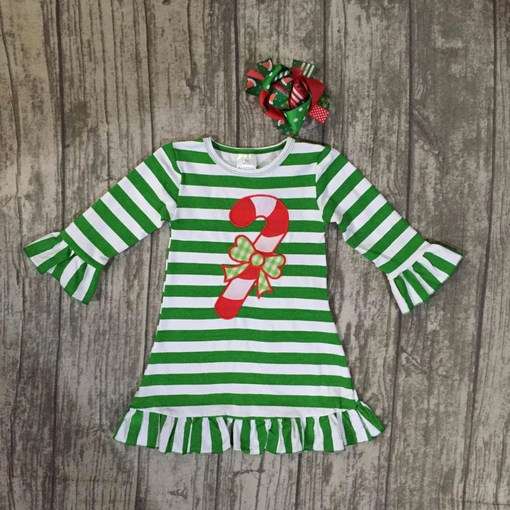 

Christmas fall/winter baby girls cotton outfits green striped ruffle dress hook candy children clothes boutique dress match bows