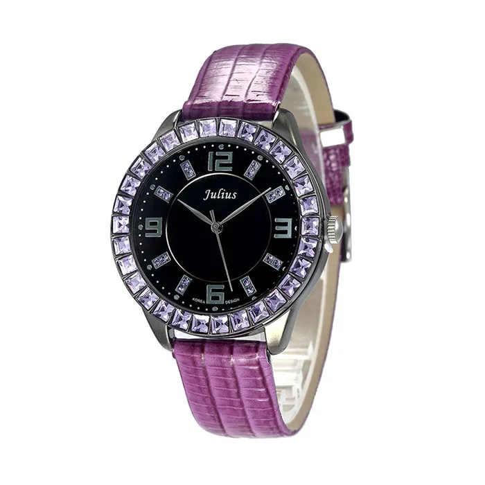 Mother-of-жемчужные женские часы со стразами японские кварцевые часы Прекрасный модный браслет кожаный подарок для девочки на день рождения Юлий - Цвет: Фиолетовый