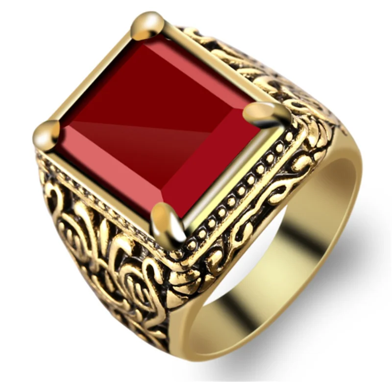 Classic Retro Rings for Men Black/Red Square Stone Anchor Signet Ring Crowm Woman Band Antique Crystal Turkish Jewelry Zircon