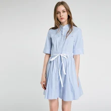 Women’s blue and white striped shirt dress lady 2017 summer shirtdress