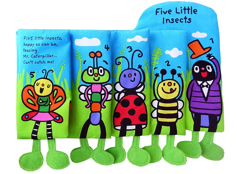 Экологически чистая книга из ткани для детей раннего обучения игрушка милый мультфильм Пять маленьких насекомых ноги трехмерная обучающая тканевая книга