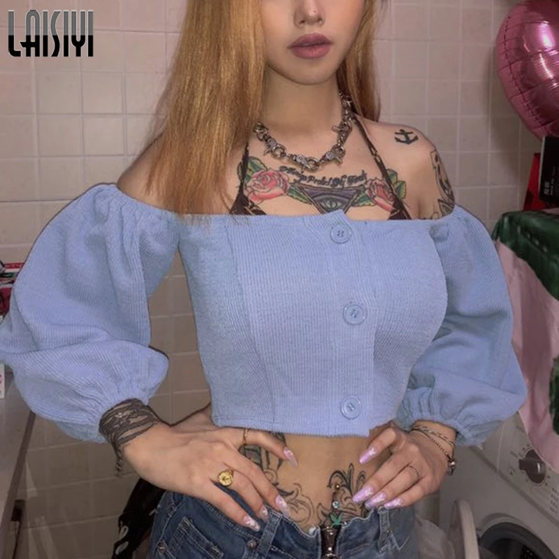 

LAISIYI Long Sleeve Off the Shoulder Knitted Blouses Women Sexy Slash Neck Tee Shirts Summer Autumn Crop Top 2019