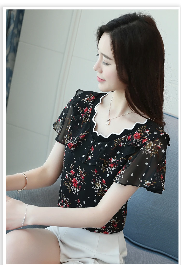 New 2018 Summer Casual Floral Chiffon Women Blouse Shirt Female Short Sleeve Slim Retro V Collar Tops Clothes Blusas 0573 40