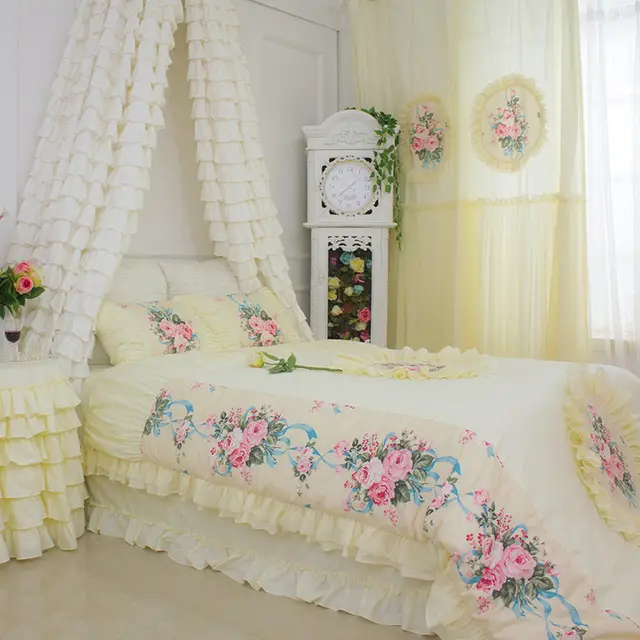 Korean Luxury Beige Yellow Bedding Sets Curtains Window Bedroom
