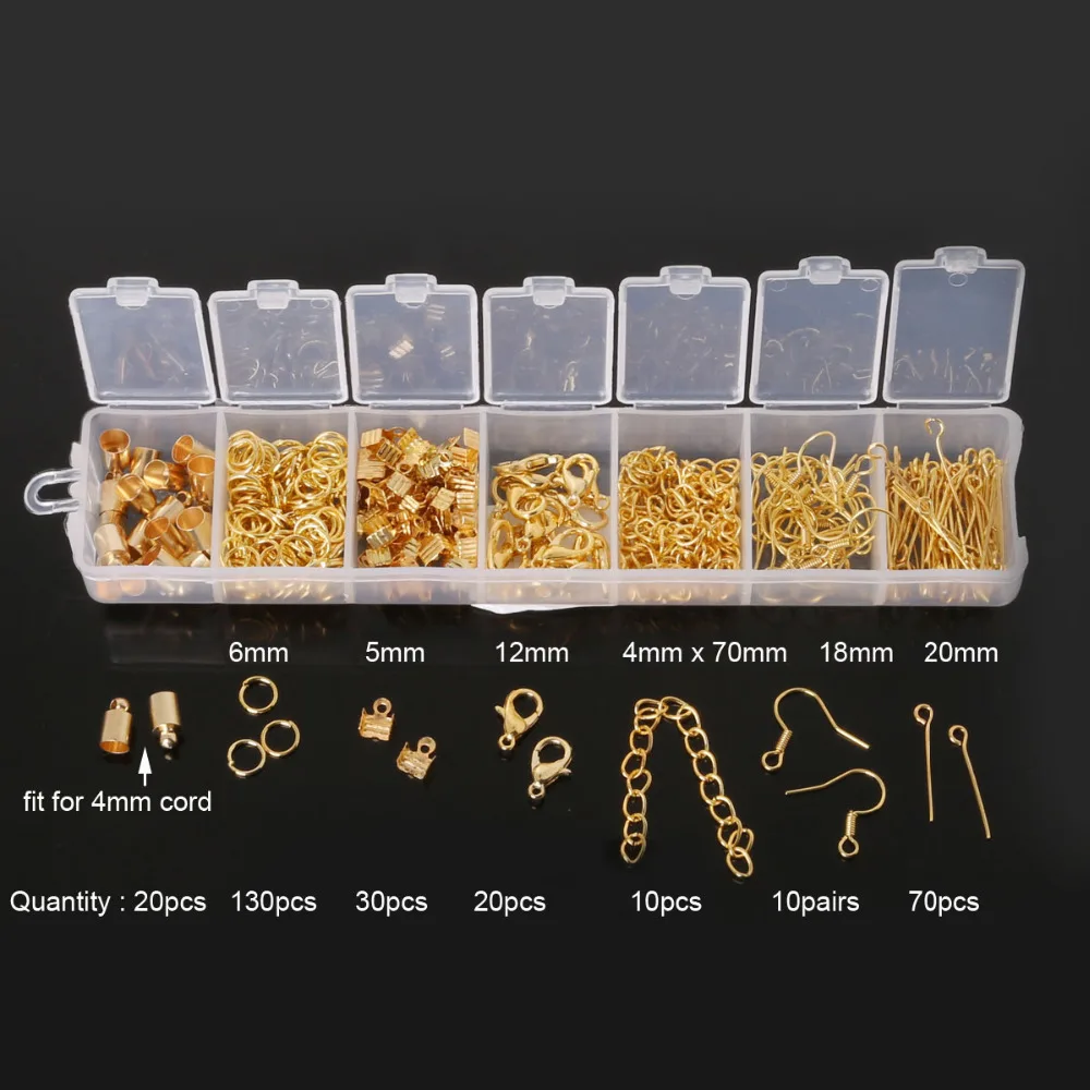 

300pcs/set, Mixed Style Kit Gold/Rhodium Accessories (Jump Ring,End Caps,Clasp,Chain,Hook, Pin)for Jewelry Making Findings