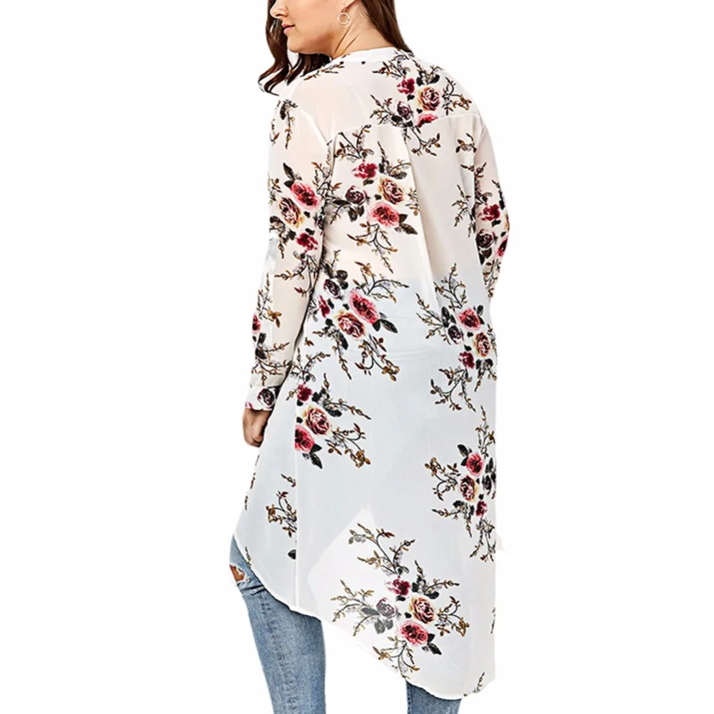 2017 Plus Size Women's Floral Print Blouse stand collar Long Sleeved irregular loose type Shirt single-breasted top Sep13