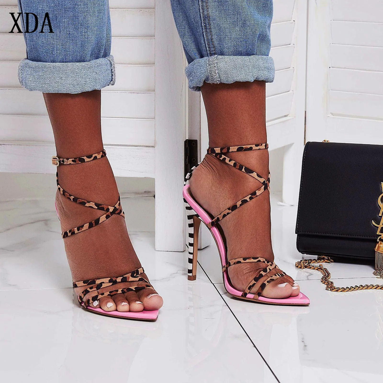 

XDA 2019 Sexy Flock Gladiator Sandals Summer Women sandals Thin High Heels sandals Open Toe Lady Cross-tied Ankle Strap Shoes