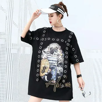 

Summer short-sleeved female tide brand 2019new sequins dog patch round hole woven bandwidth loose large size long T-shirt female
