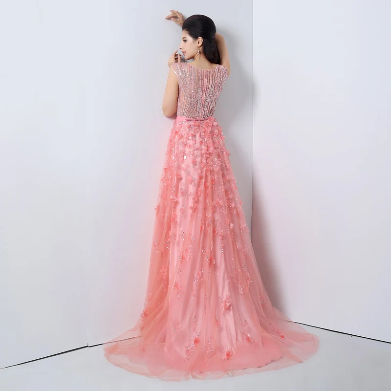 Elegant Pink Tulle V-Neck Evening Dresses Long A-Line 2017 Fashion Beading Applique Prom Gown Custom JS011 Elegant Pink Tulle V-Neck Evening Dresses Long A-Line 2017 Fashion Beading Applique Prom Gown Custom JS011