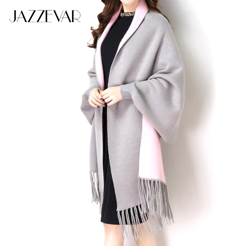 

JAZZEVAR2019 New Women Elegant Socialite Cashmere Tassel Cardigan Sweaters Batwing Sleeves Scarf Cape Outwear Top Quality 860115