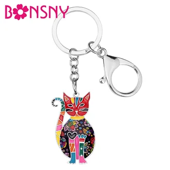 

Bonsny Enamel Alloy Floral Elegant Kitten Cat Key Chains Keyring Jewelry For Women Ladies Pendant Bag Car Charms Keychain Bulk