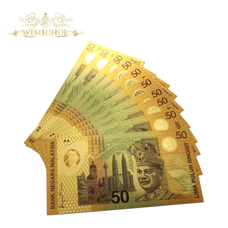 10 шт./лот дизайн 50 Ringgit позолоченная банкнота 10 шт./партия 24 k Золотая фольга банка Примечание Малайзия поддельные деньги в качестве подарков