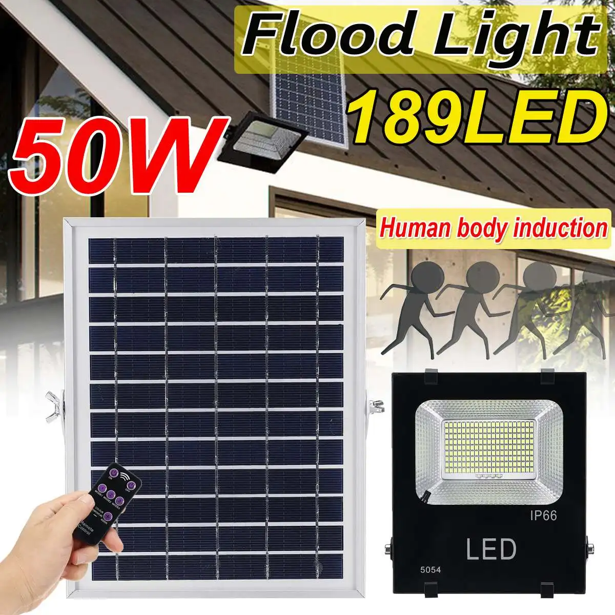 

50W Solar Light PIR Motion Solar Power Sensor 189 Led Floodlight with Solar Panels 3 Modes Outdoor Garden Security Lamp with RC