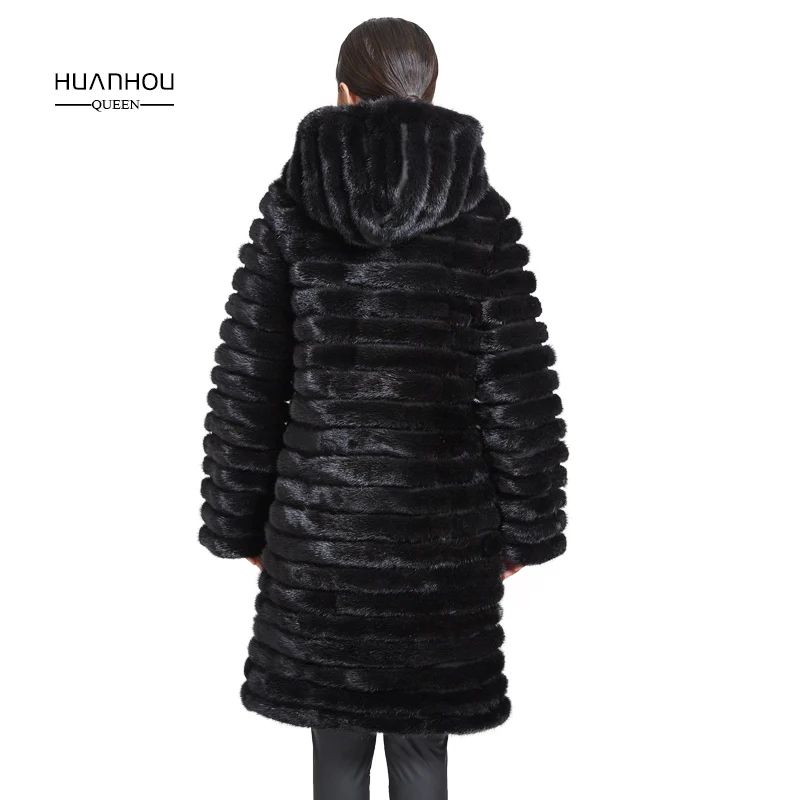 Huanhou queen 2018 real mink fur coat for women with hood,extra large plus size winter warm slim coat.