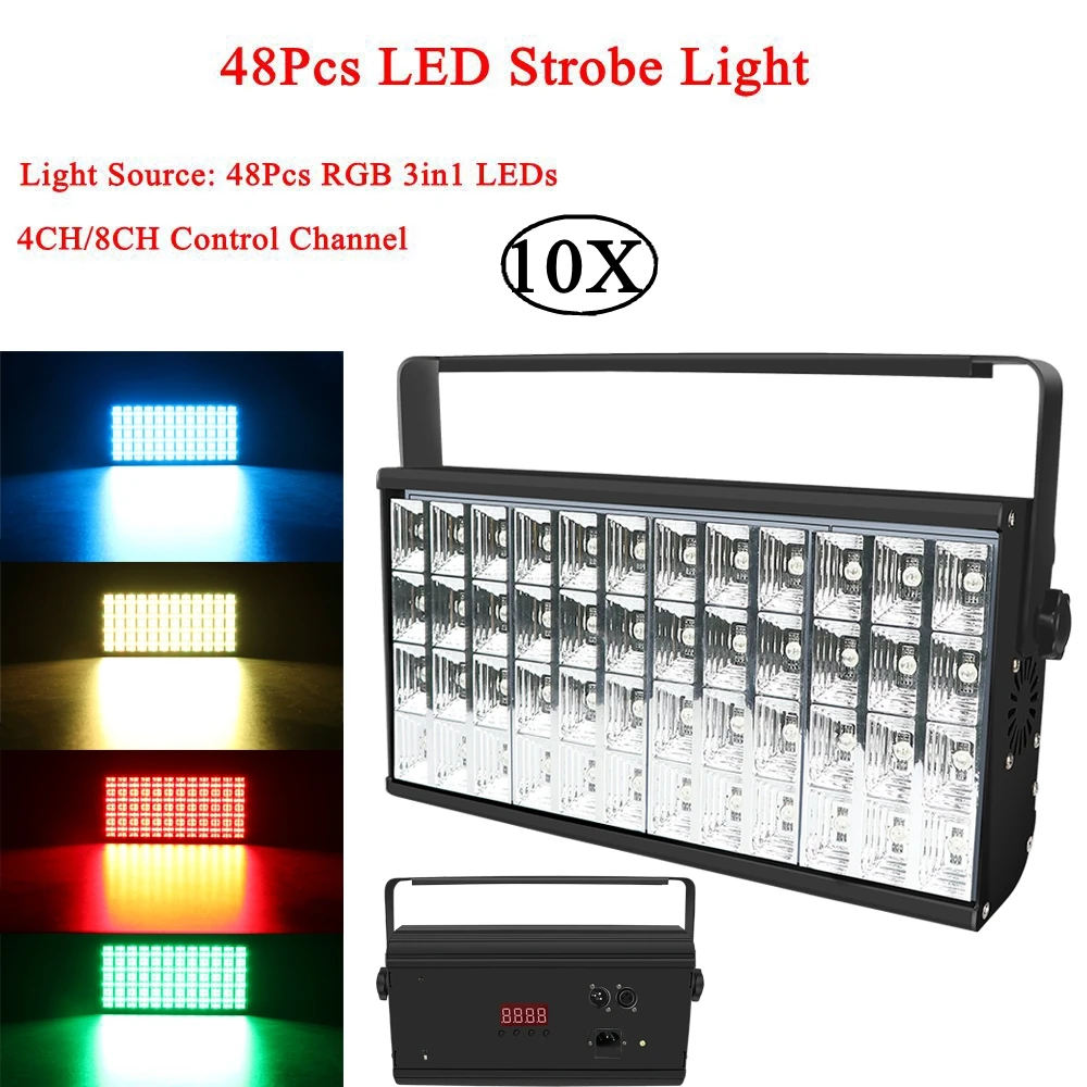 

10Pcs/Lot 48Pcs LEDs Strobe Flash Light Portable 90W RGB 3IN1 Sound Control Strobe Lights For Stage Disco DJ Bar Party Club