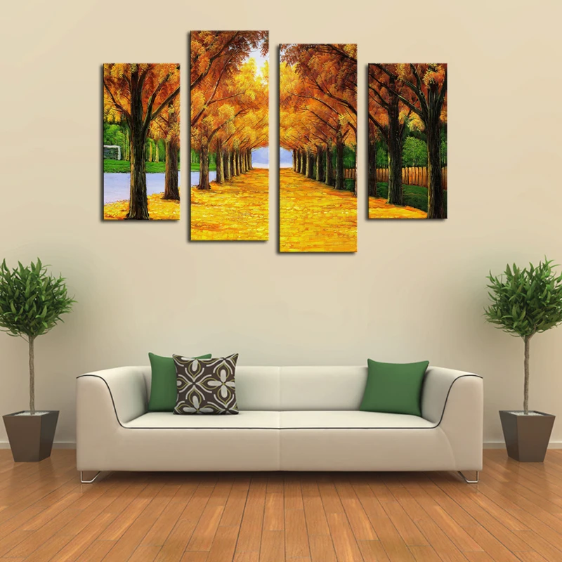 Frameless 4 Panels Golden Trees Canvas Print Painting For Modern Home