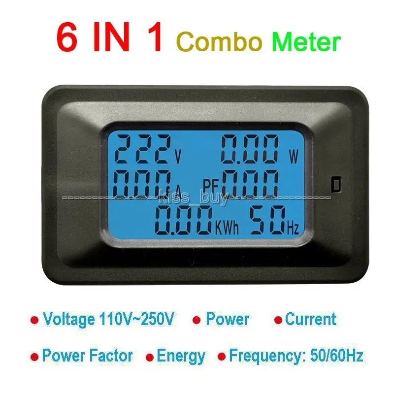 

6in1 AC Multifuctional Meter 110V 220V 20A Voltage Current Power Factor Energy KWH Frequency digital Display LCD