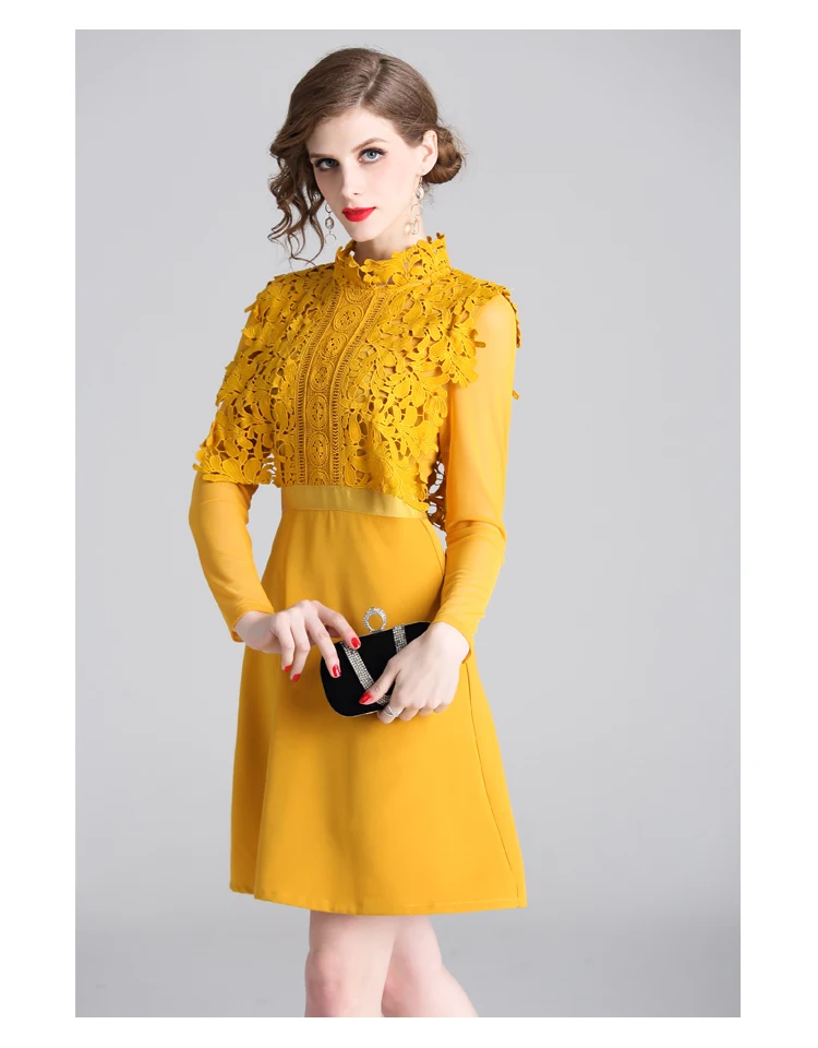 Trytree осеннее Элегантное повседневное однотонное желтое платье с кружевным стоячим воротником, полиэфирное женское платье, уличное ТРАПЕЦИЕВИДНОЕ ПЛАТЬЕ выше колена