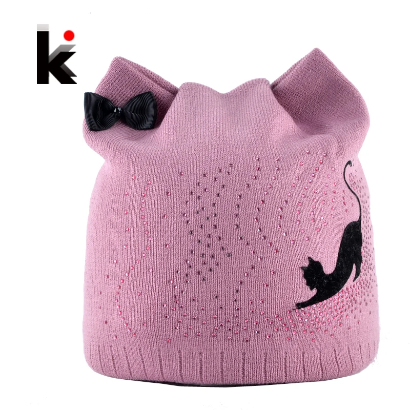 

Winter Beanie Hat With Ear Flaps For Women Black Cat Diamond Bow-knot Knitted Beanies Skullies Cap Ladies Touca Inverno Feminina
