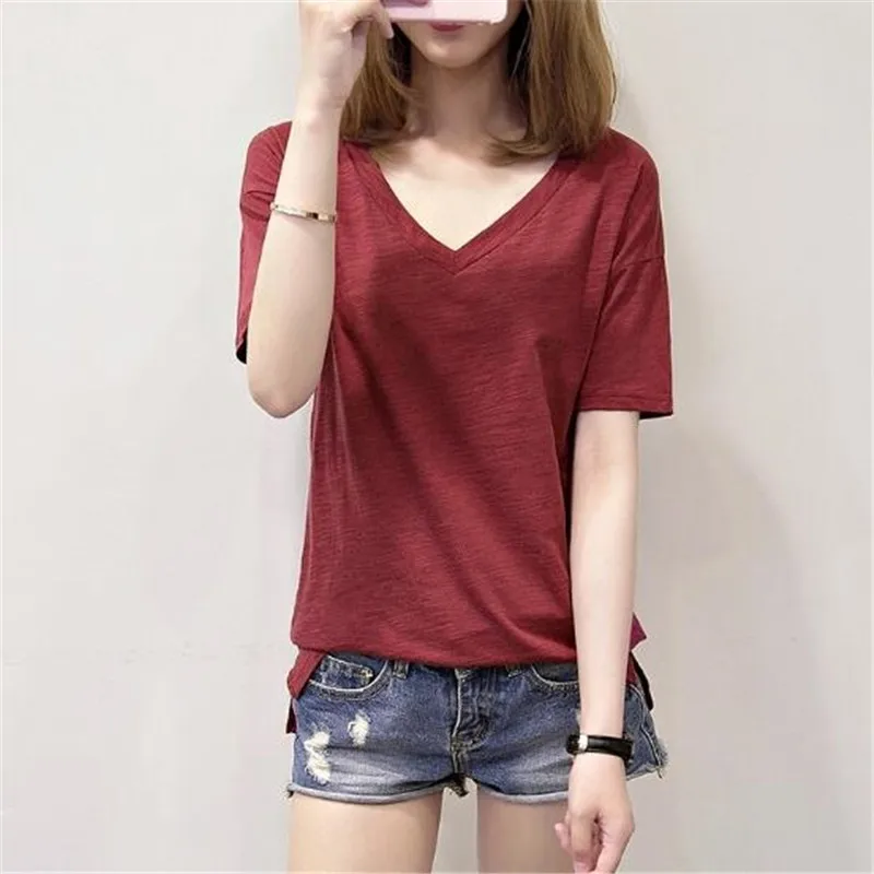 Casual V Neck Splicing Short Sleeve Pure Colour T-Shirt