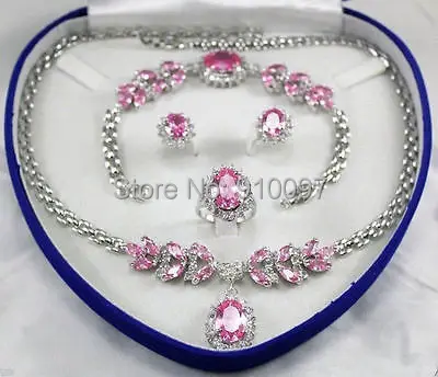 

LHX54013>>Bridal Jewellery Women's Set Pink Crystal Necklace Earring Bracelet Ring 8