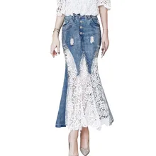 Джинсовая юбка Mediun модные длинные сезон: весна–лето кружева шить нерегулярные русалка юбка осень темперамент джинсовая юбка DT0049