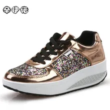 Barato! fresco de Oro Con Lentejuelas Primavera/Otoño de Las Mujeres Zapatos Casuales Zapatos de Deporte de Moda Zapatos Para Caminar Oscilación Cuñas Zapatos de Mujer Envío Gratis
