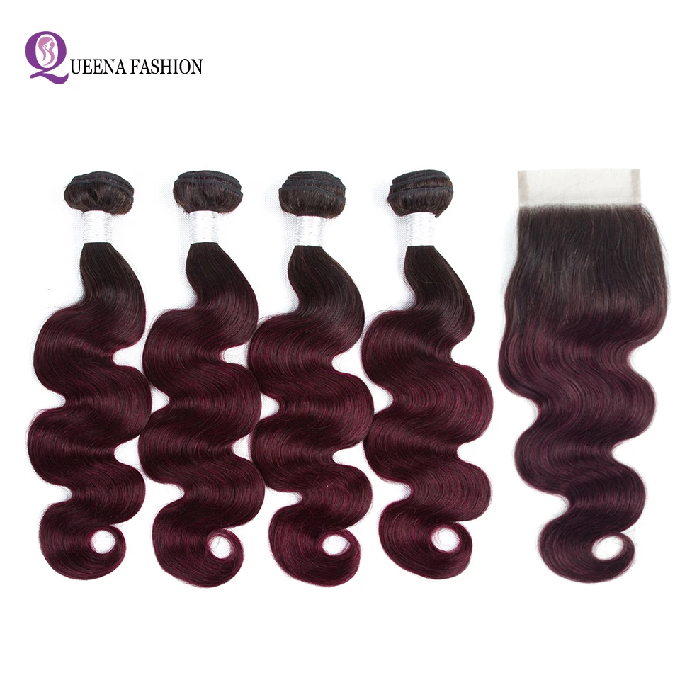 

Ombre 4 Bundles With Closure Pre-Colored Peruvian Body Wave Hair Bundles 1b 99j Two Tone Color 100% Human Hair With Lace Closure