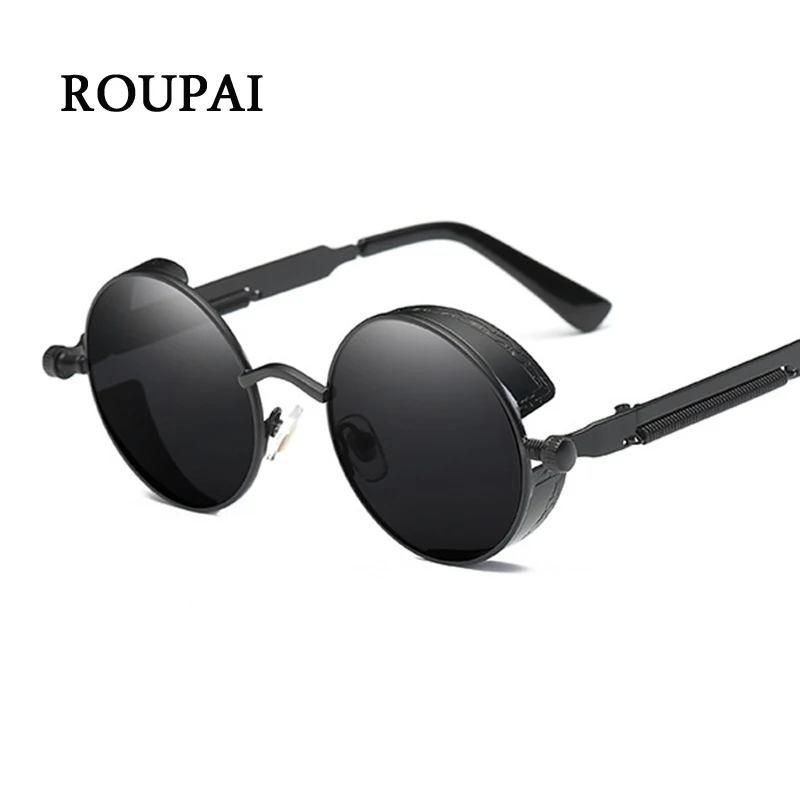 

ROUPAI Steampunk Goggles Sunglasses Unisex Round Metal Sunglasses Steampunk Men Women Fashion UV400 Protection Sun Glasses Black