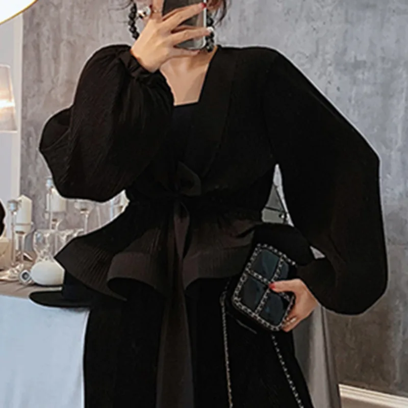 

LANMREM Solid Color Large V-neck Long-sleeved Elastic Belt Shirt Casual Fashion Loose Plus Women 2019 Autumn New TC946