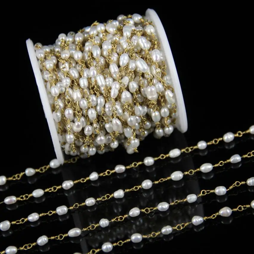 

5meters Freshwater Baroque Pearl Rosary Chains Jewelry Crafts Bracelet,Plated Bronze Pearl Beads Copper Chains Jewelry Making