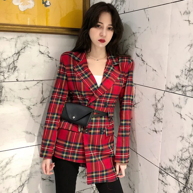 

Retro Korean Chequered Small Suit Women's Irregular Double-breasted Underwear In 2019