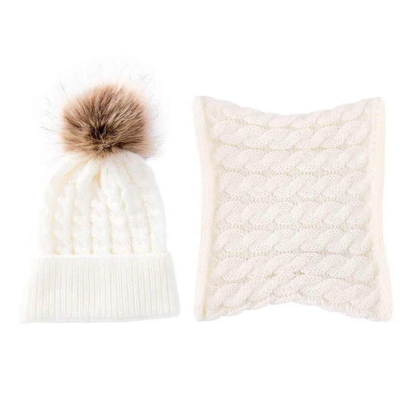Новейшая модель; 2 шт. для новорожденных, для маленьких мальчиков и девочек зимние Обувь на теплом меху с помпоном-кисточкой вязать шапочки шляпа шапки+ шарф От 1 до 3 лет - Цвет: Белый