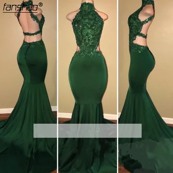 

Green Prom Dresses Mermaid Spandex Halter Appliques Beaded Backless Party Maxys Long Prom Gown Evening Dresses