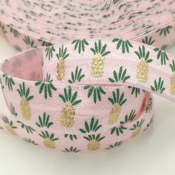 

High Quality Pink Pineapple Gold Foil Fold Over Elastic 5/8" Ananas FOE Ribbon for DIY Hair Accessories 10Yards/lot