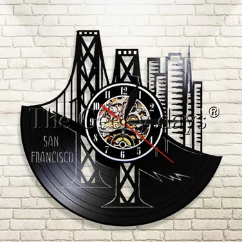 

1Piece San Francisco Vinyl Record Wall Clock Skyline Bay Area Golden Gate Bridge Wall Art California Decor Retro Cityscape Cloc