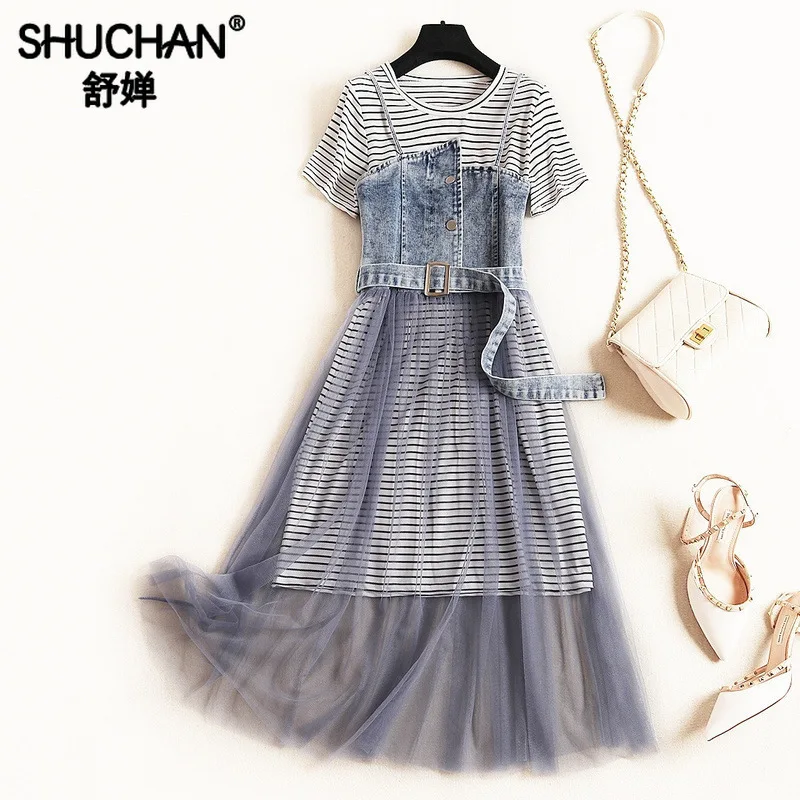 

Shuchan Fashionable Sets for Women Leisure Suit Striped T-shirt Dress+patchwork Dress 2piece Women Clothing Set for Summer 51399
