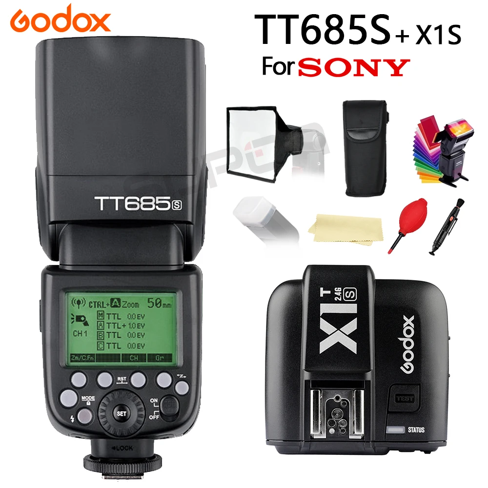 

Godox TT685S Flash Speedlite for Sony Cameras A77II A7RII A7R A58 A99 Camera With 2.4G HSS 1/8000s TTL + 15*17cm softbox + X1T-S