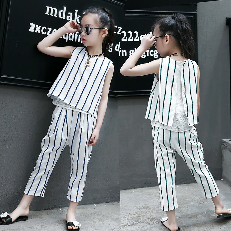 

Teenage Girls Striped T-Shirts Trousers 2Pcs Cotton Lace Vests Elastic Waist Pencil Pants Kids Clothing Sets Outfits Sleeveless