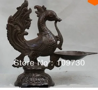 

00818 China Chinese Dynasty Palace Bronze Phoenix Juno Bird Statue Oil Lamp Stand Set