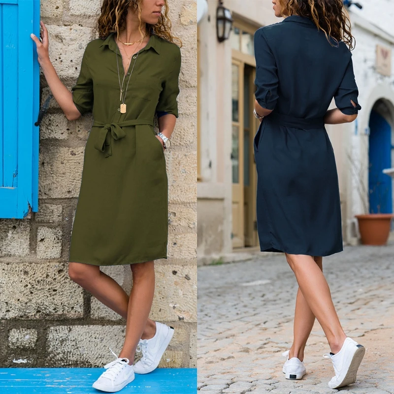 

Women Autumn Half Sleeve Shirt Dress Button Lapel Collar Solid Color Slim Office