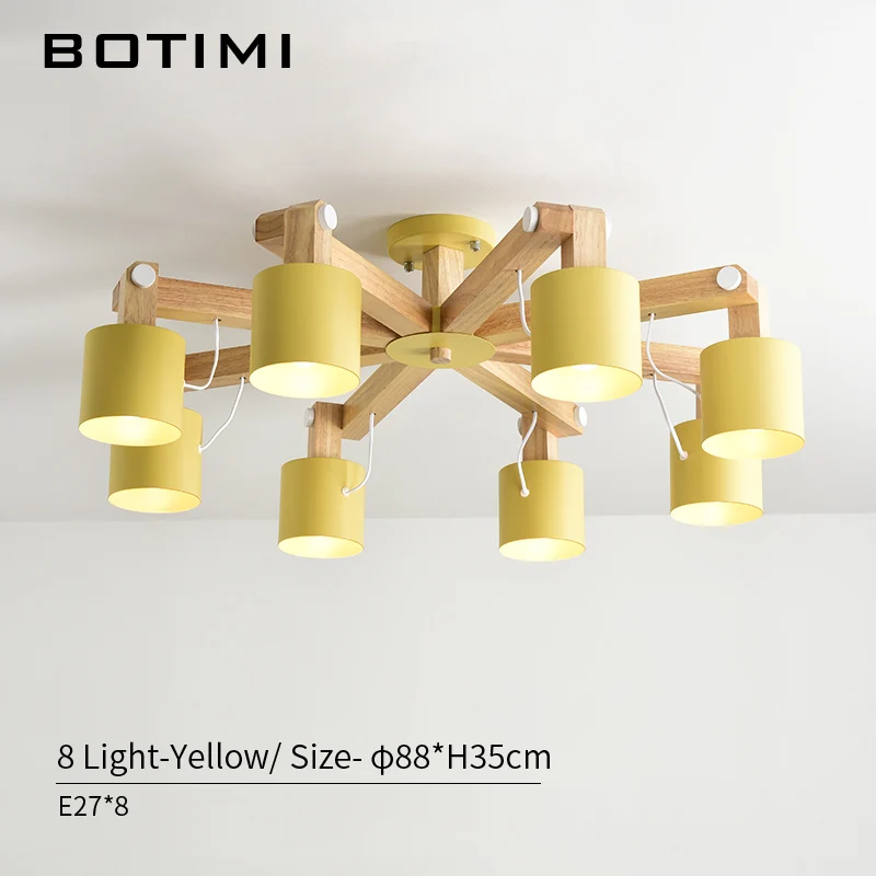 BOTIMI скандинавский светодиодный светильник для гостиной, регулируемые люстры, современные деревянные люстры E27, светильник для столовой - Цвет абажура: 8 Light in Yellow